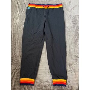 Aldi Mania Mens Joggers Navy Blue Rainbow Striped Waistband Large 36x30 NWT
